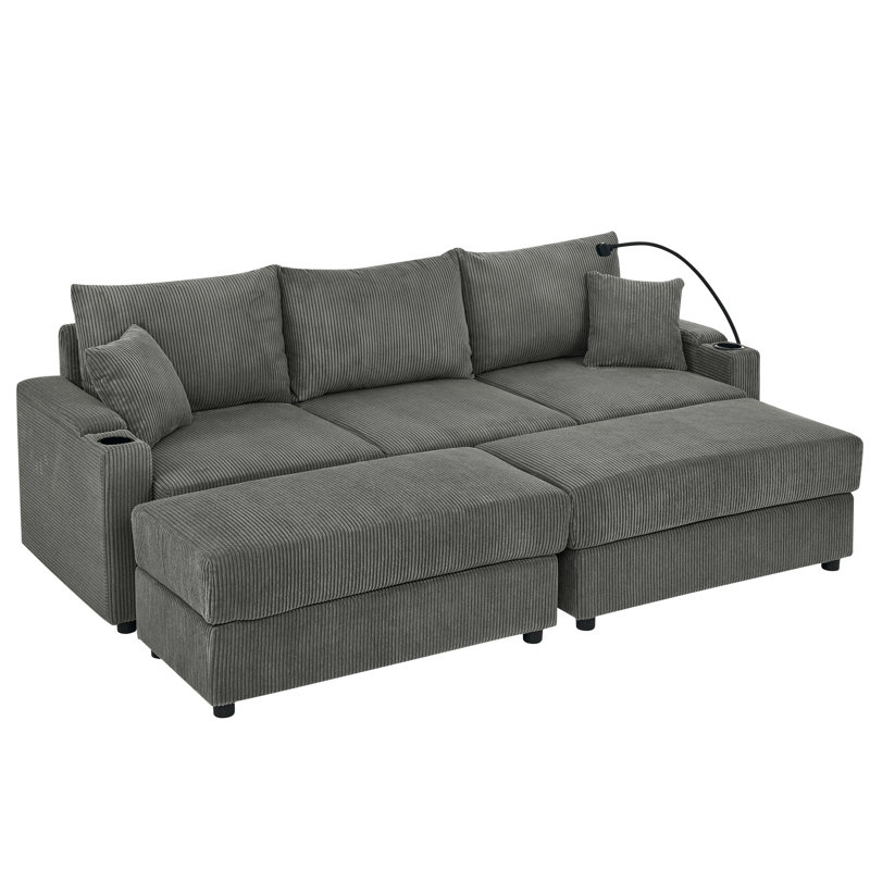 Lit Abou avec rangement, 2 repose-pieds, siège de 22,5 po de profondeur, velours côtelé, salon élégant, spacieux, moderne et résilient