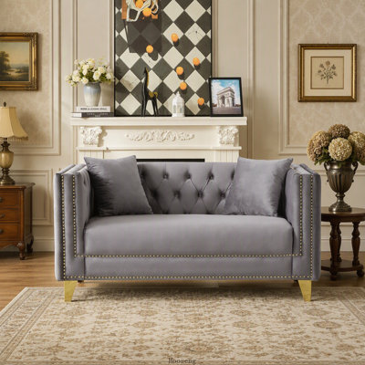 58"Chesterfield Velvet Sofa,2 Seater Deep Seat Sofa,Modern Sofa With Button Nailhead,Square Arm Couches,Furniture For Living Room,Bedroom,Office(Grey)