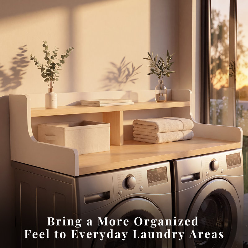 OMCHOM Double-Tier Wooden Laundry Countertop - Space-Saving Storage Organizer with Enhanced Stability & Easy-Clean Surface