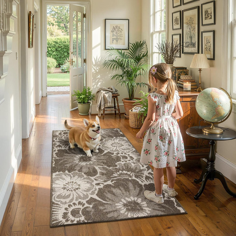 Tapis d'entrée lavable et antidérapant à motif floral, Brun, L 36 po x L 60 po
