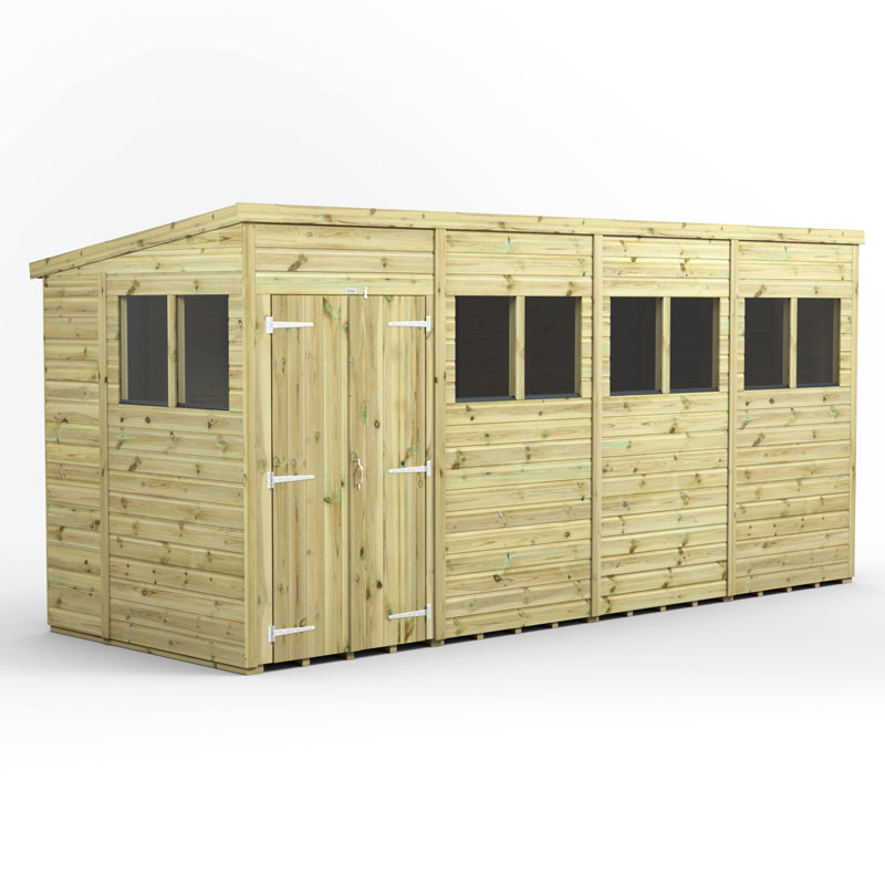 Powersheds 16 x 6ft Premium Pressure Treated Timber Pent Garden Shed, Double Doors
