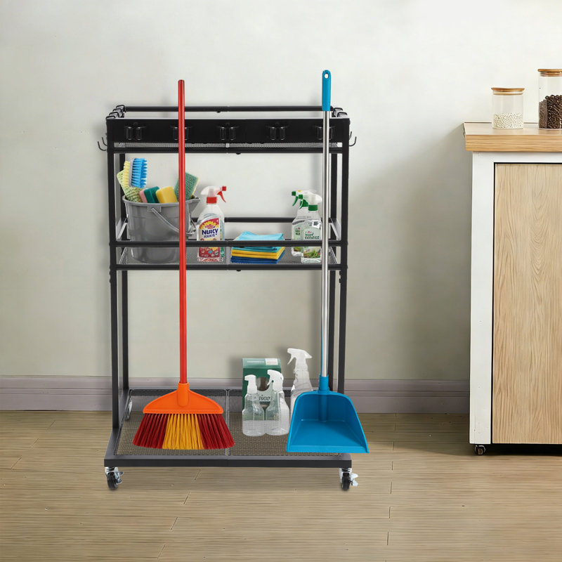 Organisateur d'outils de jardin, porte-balais avec rangement pour produits de nettoyage, chariot de rangement pour produits de nettoyage