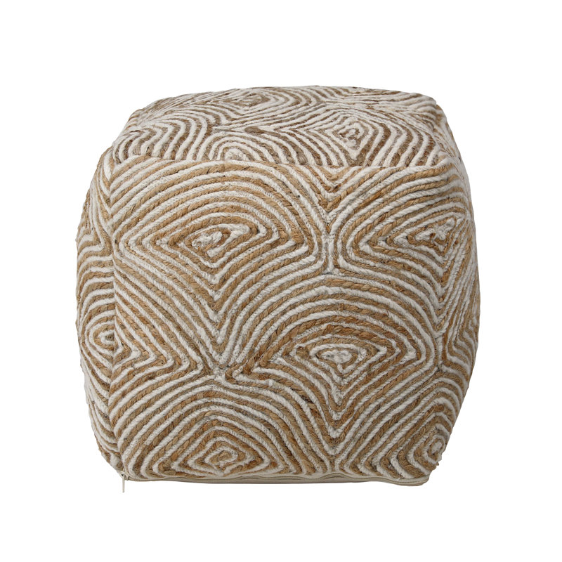 Handwoven Beige and White Wool and Jute Pouf