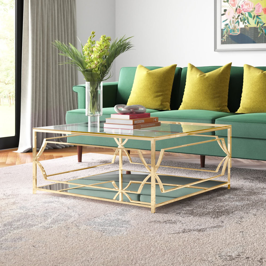 Pangea Home Edward Square Coffee Table - 4 Legs Modern/Glam Coffee Table with Storage - Modern Square Coffee Table – Tempered Glass Top with Steel Frame for Living Room, Bedroom, and Office Everly Quinn 