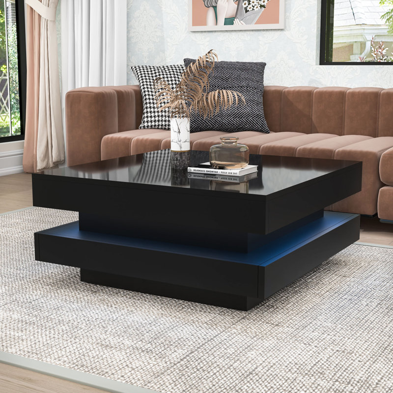 Modern Coffee Table with High-Gloss Finish, LED Light, Storage and Geometric Design, Black