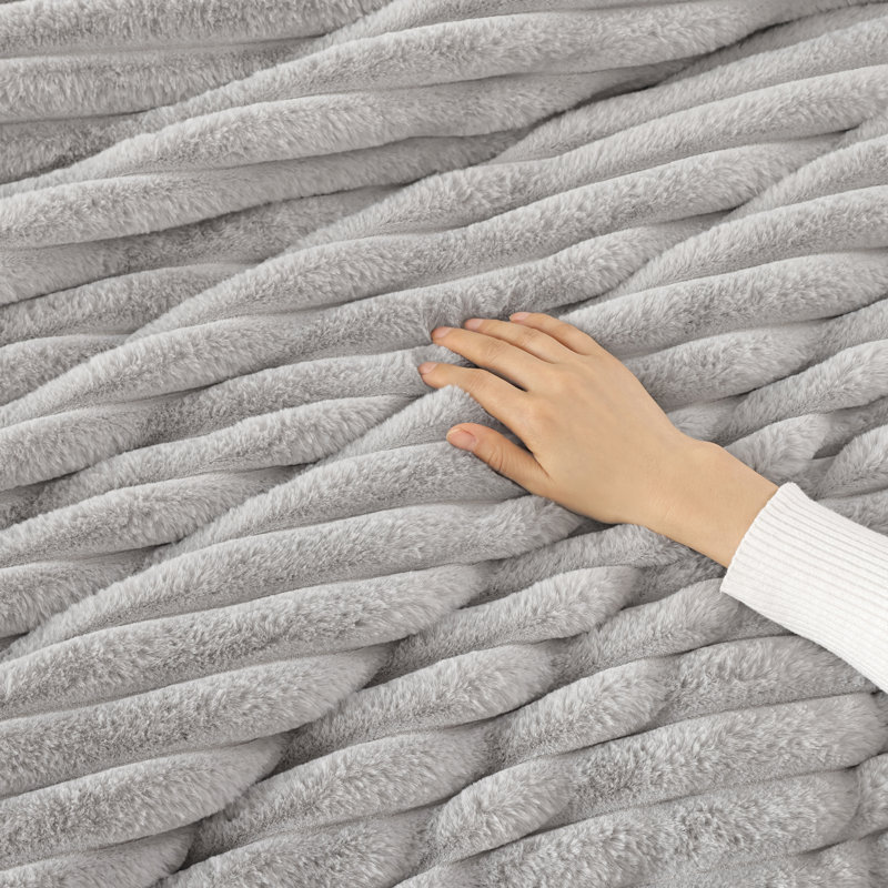 Fluffy Comforter Set 3 Pieces- All Seasons Heavy Faux Fur Comforter With Two Pillowcases, Gray