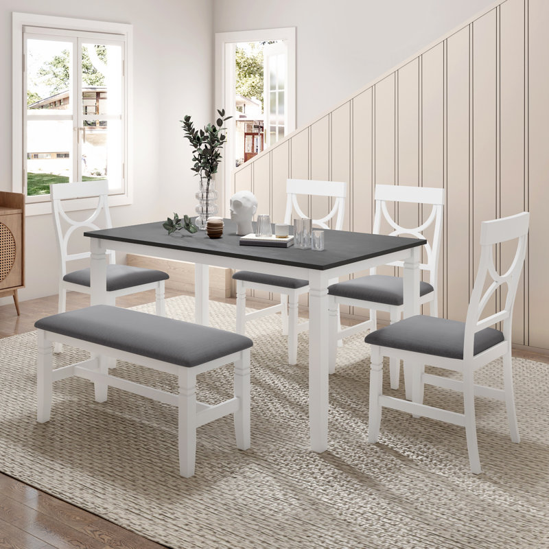 Ensemble de table de salle à manger en bois 6 pièces avec banc rembourré et 4 chaises de salle à manger, style campagne, gris et blanc
