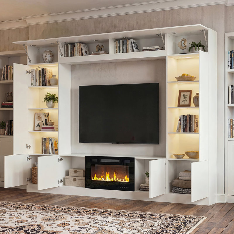 114" Modern Entertainment Center With Electric Fireplace, LED Lighted Display Shelves & Storage Cabinets, Large TV Wall Unit Media Console With Remote Control Fireplace