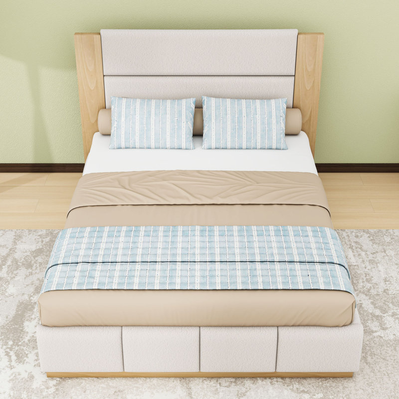 Lit plateforme tapissier élégant avec tête de lit en tissu d'ameublement doux, Grand lit, Blanc