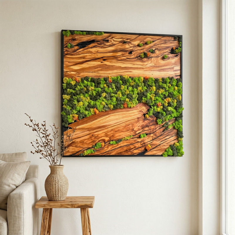 Olive Moss Square Wall Art Panel - Natural Olive Wood & Preserved Reindeer Moss, Acoustic Wall Decor, Handmade Organic Design, Each Piece Unique
