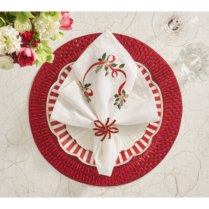 Xmas Ribbon Napkin, White/Red/Green