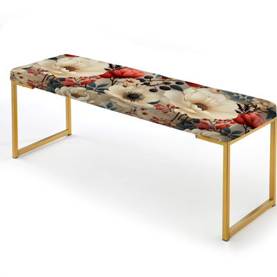 Vintage White Boho Floral Garden Delights I - Floral Upholstered Gold Bench