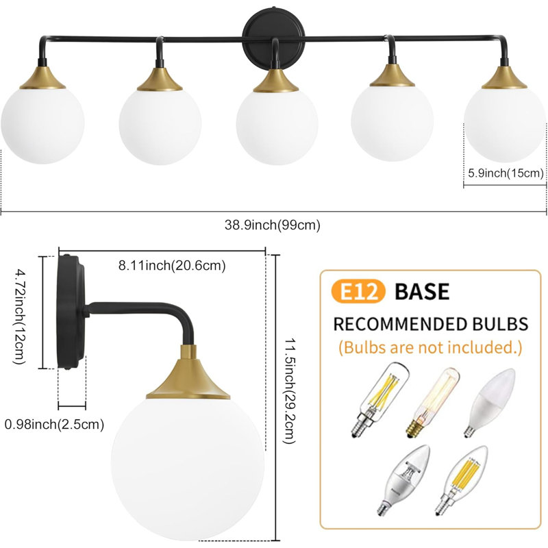 Luminaire de meuble-lavabo moderne avec abat-jour en verre blanc laiteux, applique murale 5 lumières pour miroir