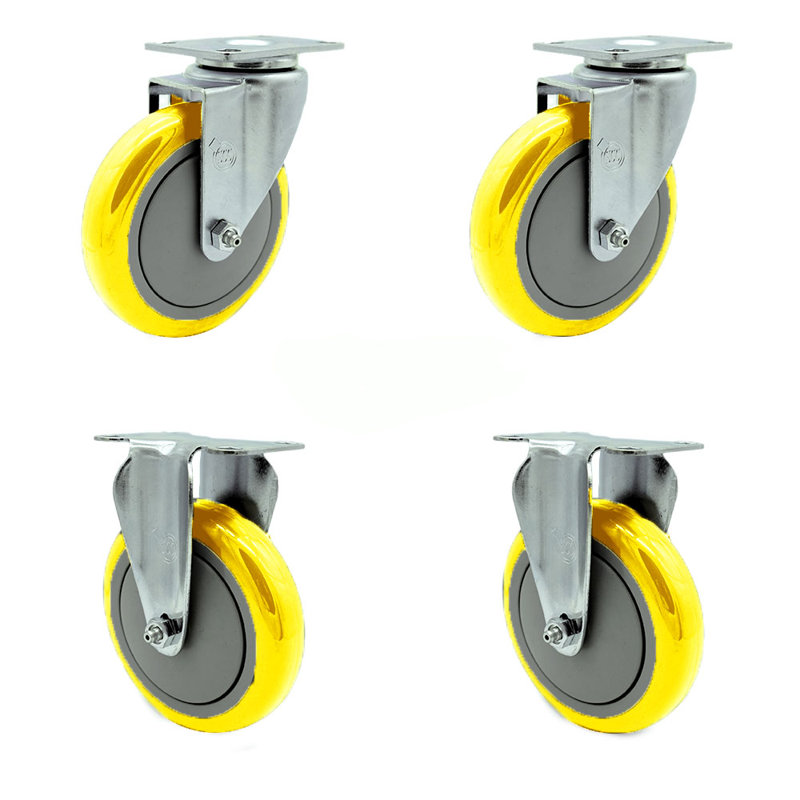 Ensemble de roulettes à plaque pivotante en polyuréthane jaune de 5 pouces avec 2 plateaux rigides