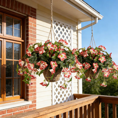 Ensemble de 2 paniers de fleurs suspendus artificiels avec gloire du matin, plantes d'extérieur en soie synthétique résistantes aux rayons UV pour porche, jardin, patio, balcon - réaliste et sans décoloration