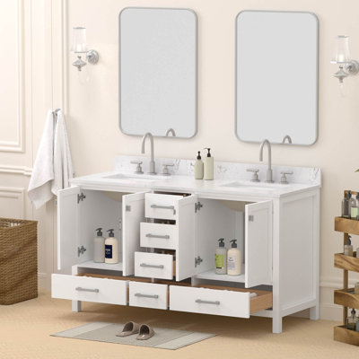 60" Solid Wood Freestanding Double Bathroom Vanity With Engineered Stone Top