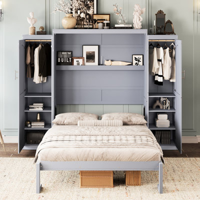 Lit double gris avec rangement intégré pour garde-robe, plateforme pliable multifonctionnelle pour chambre d'amis et bureau, cadre de lit en contreplaqué de bois