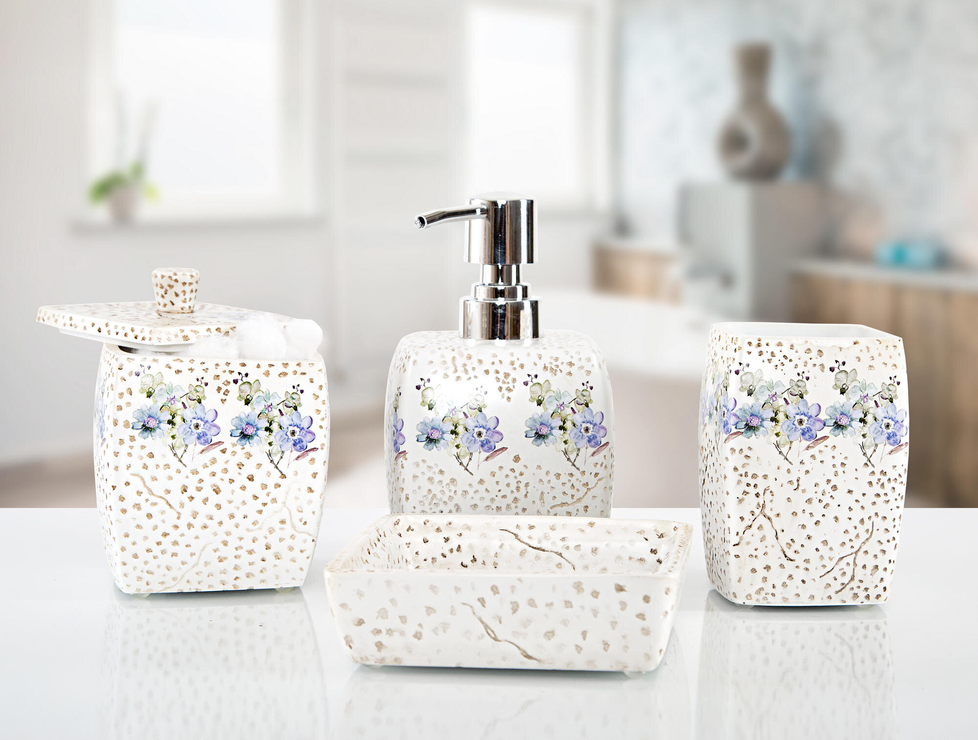 Creative Scents Bathroom Accessories Set 4-Piece Silver Mosaic Glass Luxury Bathroom Gift Set Includes Soap Dispenser Toothbrush Holder Tumbler