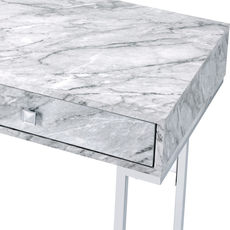 Bureau blanc en faux marbre avec rails et rangement