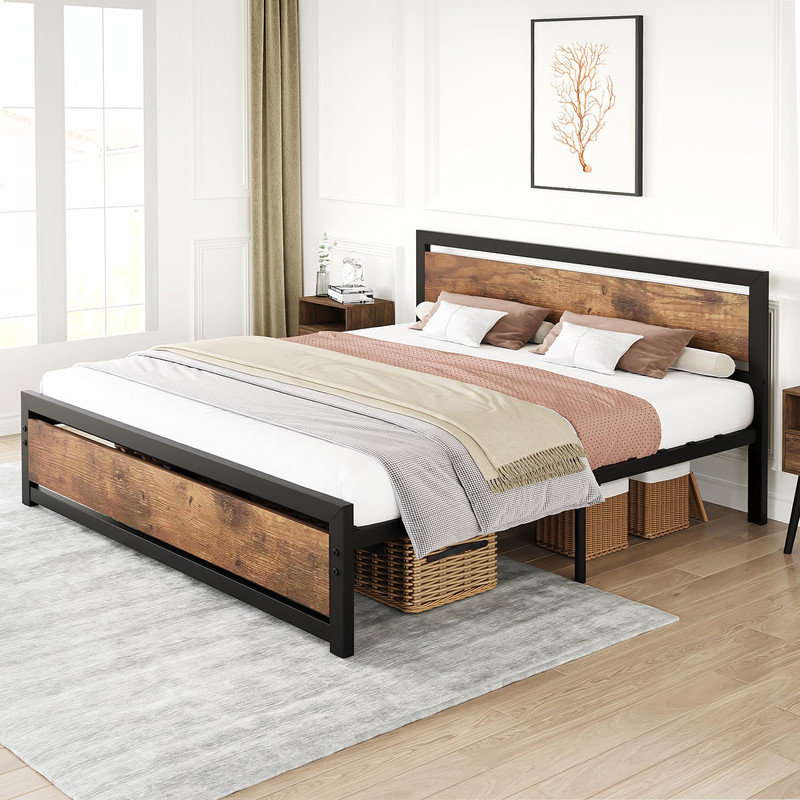 King Platform Bed Frame with Rustic Industrial Design, Metal Foundation with Wood Head and Foot Panels, 14" Underbed Storage, No Box Spring Needed