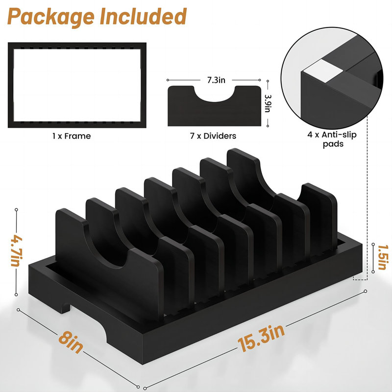 Organisateur d'armoire de cuisine avec 7 diviseurs réglables pour pots, Noir