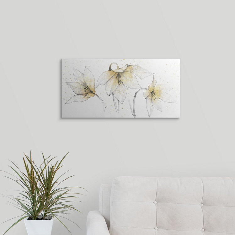 «Gilded Graphite Floral Trio», reproduction d'art graphique Aniel, Cadre blanc, H 20 po x l 32 po x P 1 po