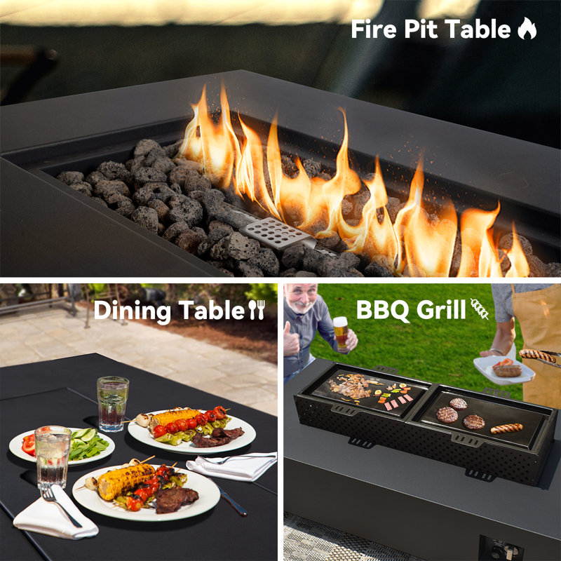 42 Inch Propane Fire Pit Table with 50,000BTU, 3-Piece Outdoor Rectangular Fire Pit with Hidden Fuel Tank for Outside Patio
