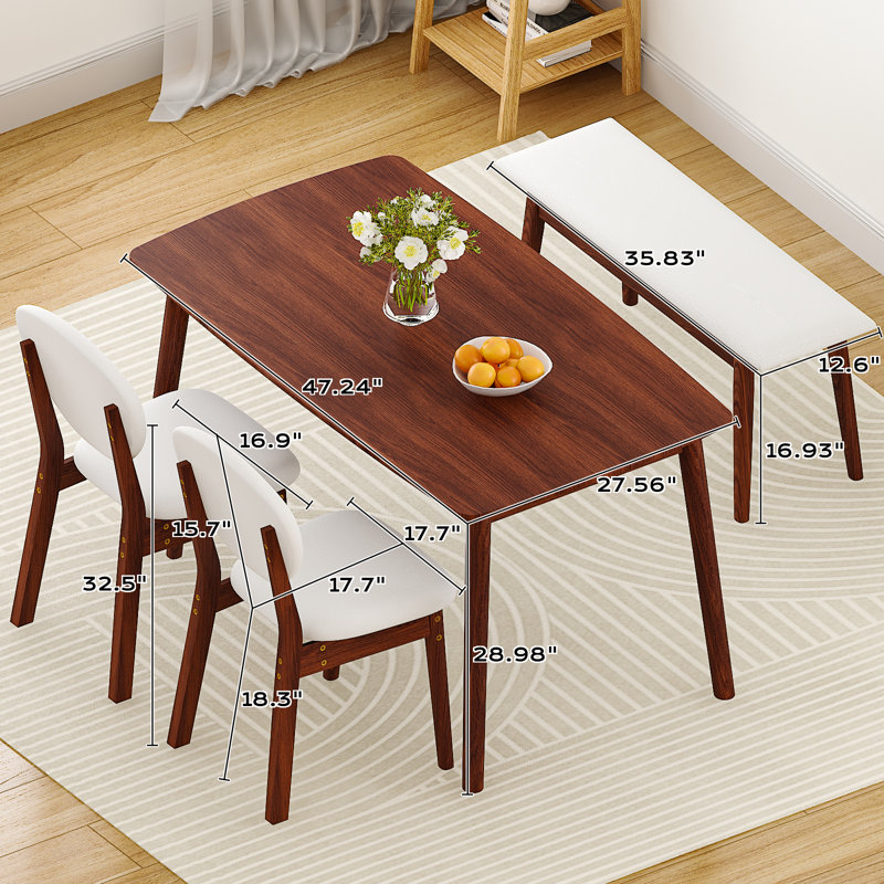 Ensemble de table à manger de 47 po pour 4 personnes, table de cuisine en bois massif avec banc et 2 chaises avec dossier rembourré