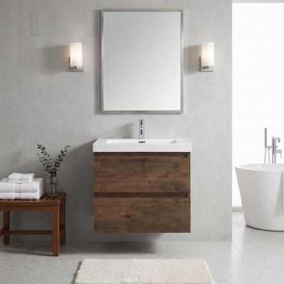 Meuble-lavabo suspendu de 61 cm (24 po) en mélamine en bois, résistant à l'eau, avec lavabo intégré en résine et carbonate de calcium, entièrement assemblé.