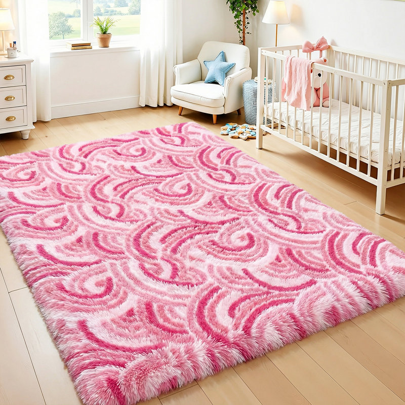Non-Slip Cute Fluffy Shag Area Rug, Rectangle 6' x 9', Light Pink/Pink/White