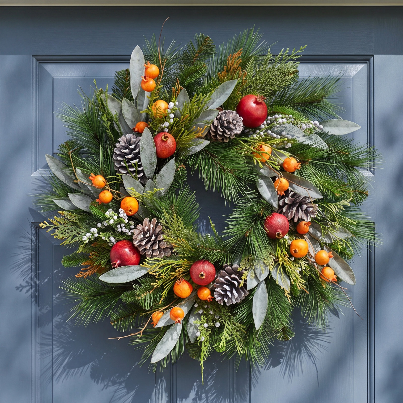 MIXED PINE AND BAY LEAF WITH POMEGRANATE WREATH