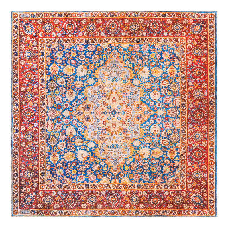 Tapis oriental bleu marine / rouge / orange, Carré 7 pi 6 po