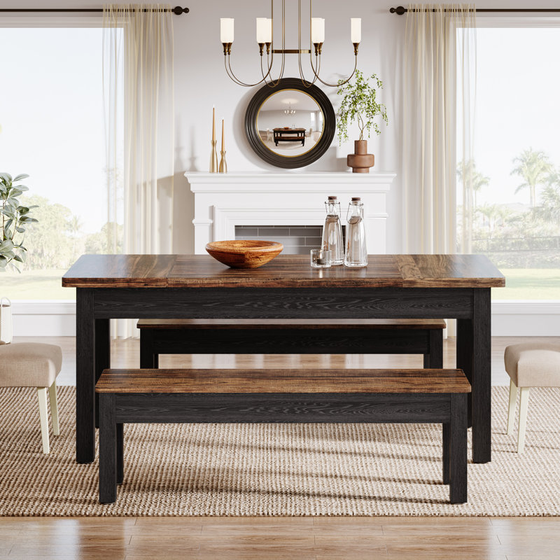 3 Piece Farmhouse Wood Dining Table Set With 2 Benches, Brown/Black