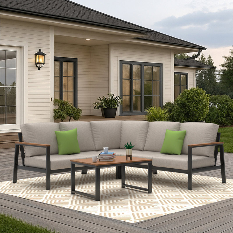 Townsend Outdoor 5 Person Sectional Seating Group With Sunbrella® Cushions, Cast Silver Sunbrella®, Geometric