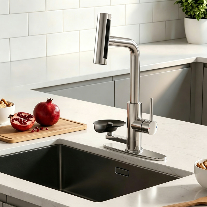 Brushed Nickel Pull Down Kitchen Faucet With Integrated Glass Rinser And Waterfall Mode, Brushed Nickel