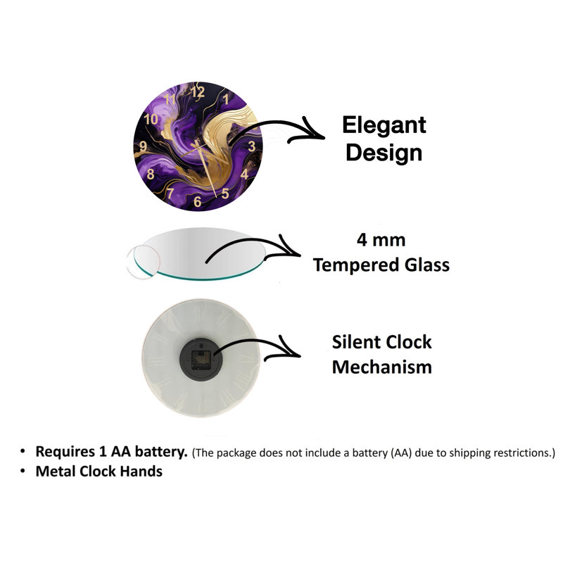 Horloge murale en verre trempé moderne et luxueux agate abstraite mauve et dorée, chiffres anglais noirs, Noir