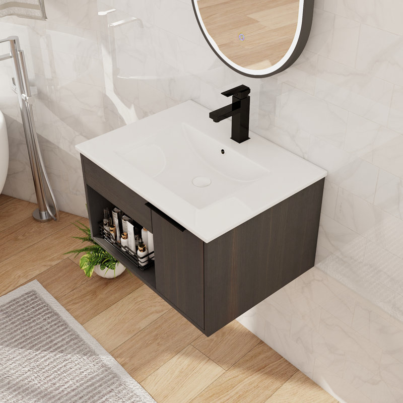 Meuble-lavabo mural simple 24 po avec lavabo en céramique, meuble-lavabo flottant avec 1 porte et 1 tablette ouverte, 24"