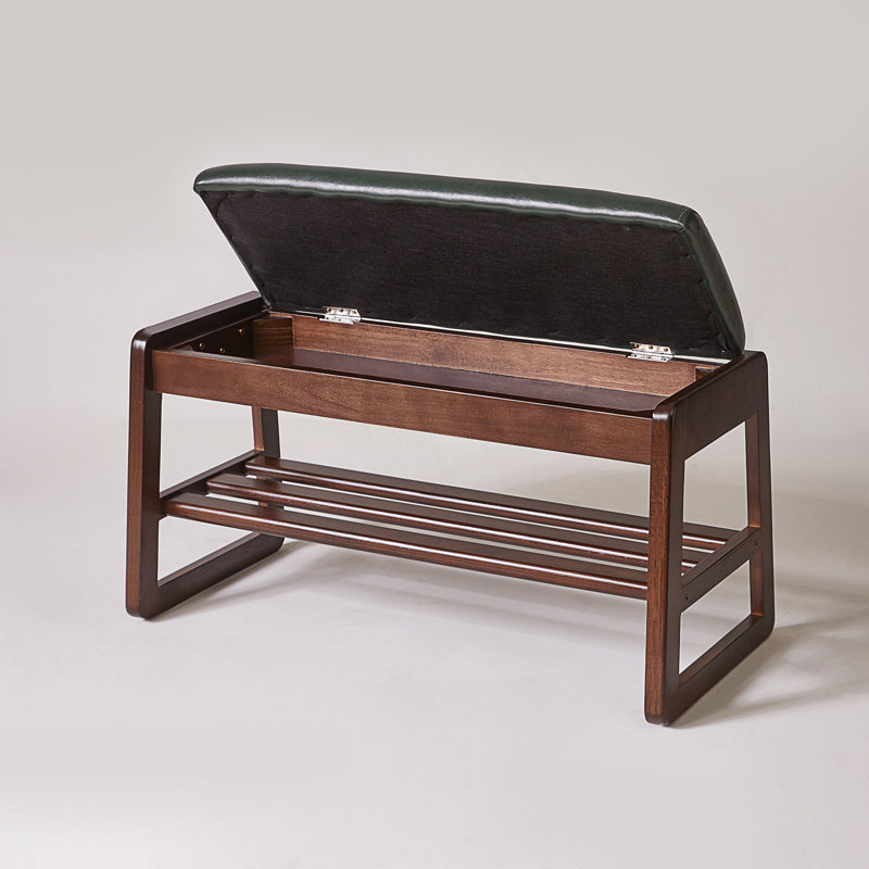 Banc de rangement à chaussures en bois avec siège en cuir végétalien haut de gamme et étagères ouvertes à plusieurs niveaux