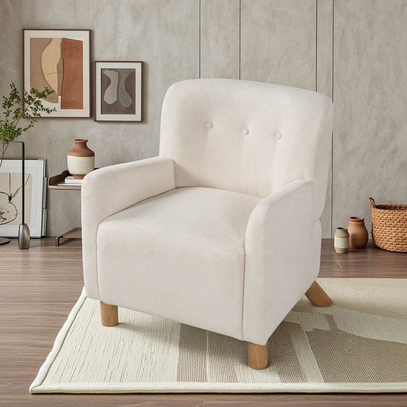 Fauteuil d'appoint capitonné avec coussin en mousse, accoudoirs et pieds en bois massif, idéal pour le salon ou un coin lecture.