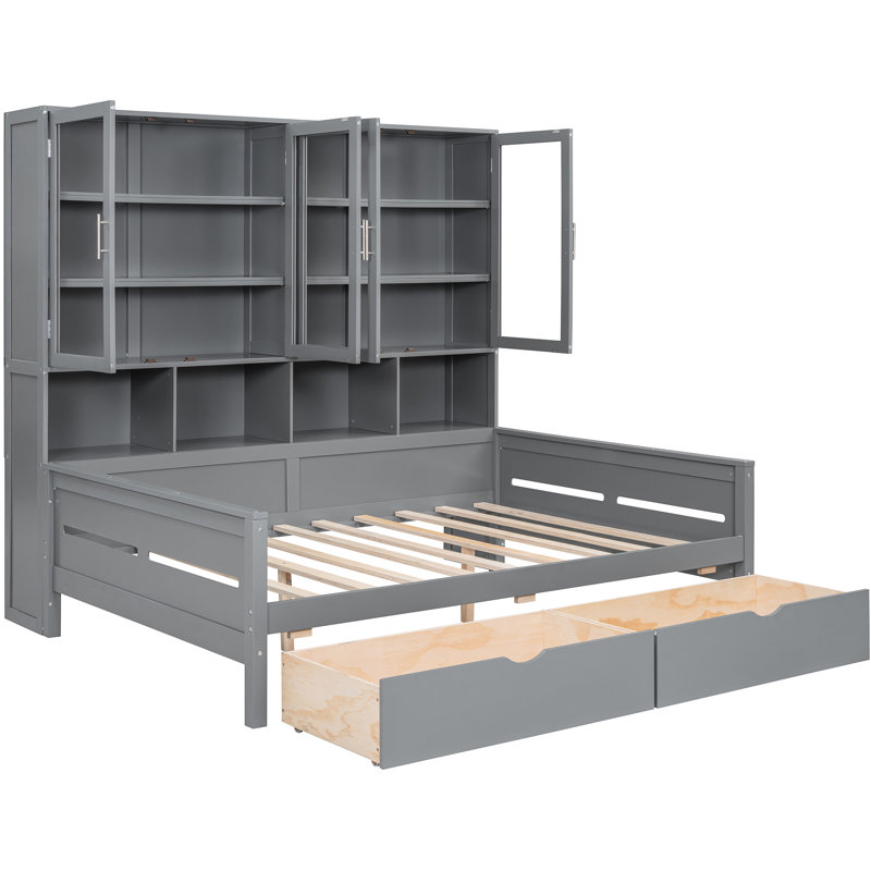 Lit de jour élégant avec rangement et éclairage en bois. Gris pour une chambre à coucher moderne ou un espace de vie. Rangement fonctionnel en bois polyvalent. Les lumières DEL intégrées ajoutent à l'ambiance. Convient à plusieurs pièces