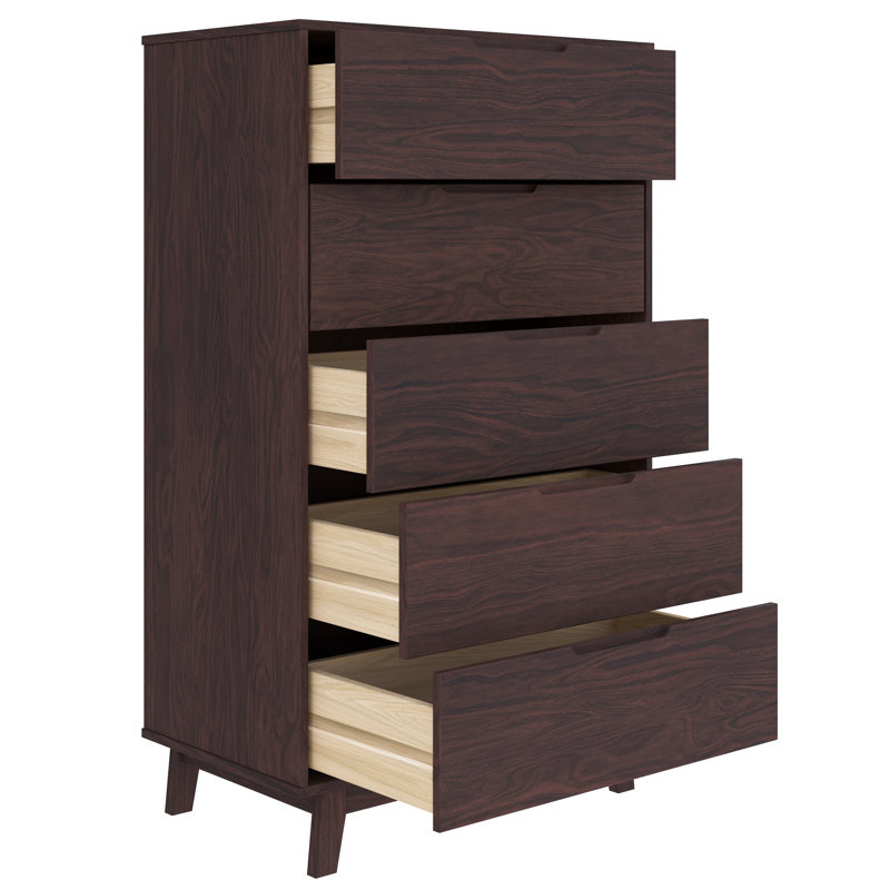 Commode 5 tiroirs en bois massif Jarred, Noyer foncé