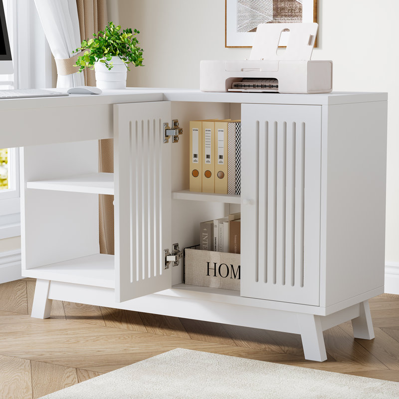 L-Shaped Desk With Storage Cabinet, Corner Home Office Desk, White