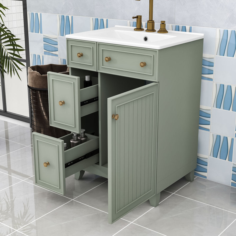 Meuble-lavabo chic 2 tiroirs 24 po avec lavabo en céramique et conception compacte, Vert, Doré