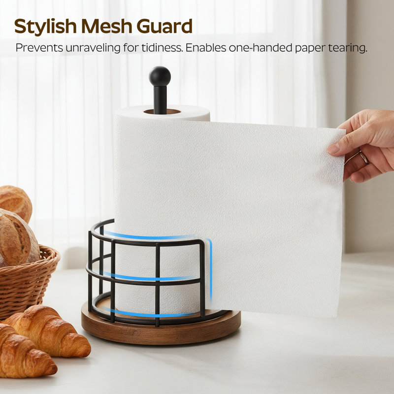 Paper Towel Holder, Kitchen Paper Towel Holder for Countertop, Paper Towel Stand with Wooden Base, Freestanding Kitchen Roll Holder