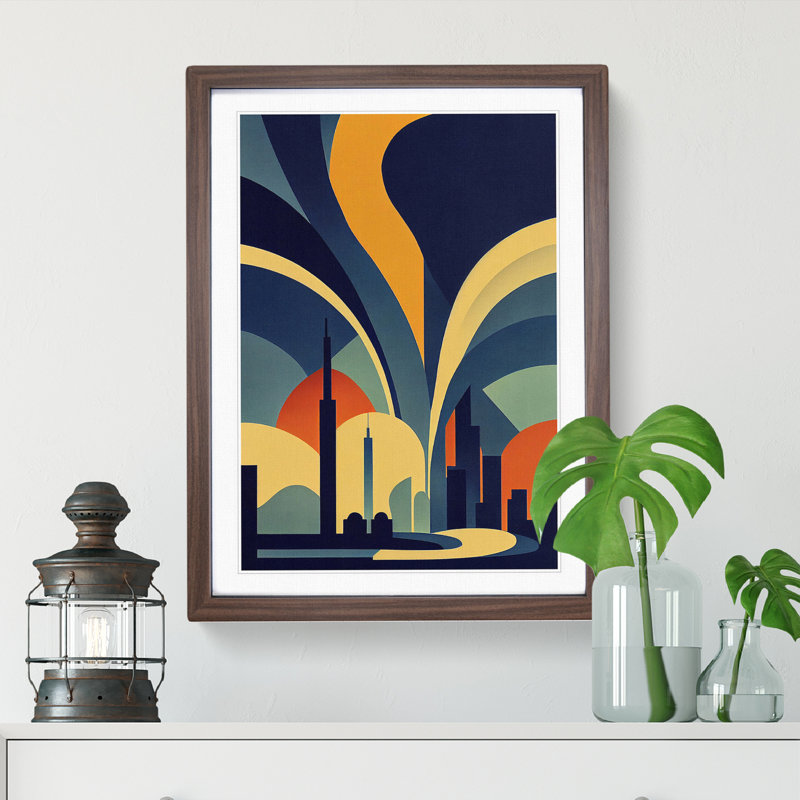 XV1022-707X Art Deco City Skyline No.4 1 Piece Single Picture Frame Wall Art, 46cm H x 34cm W, Brown