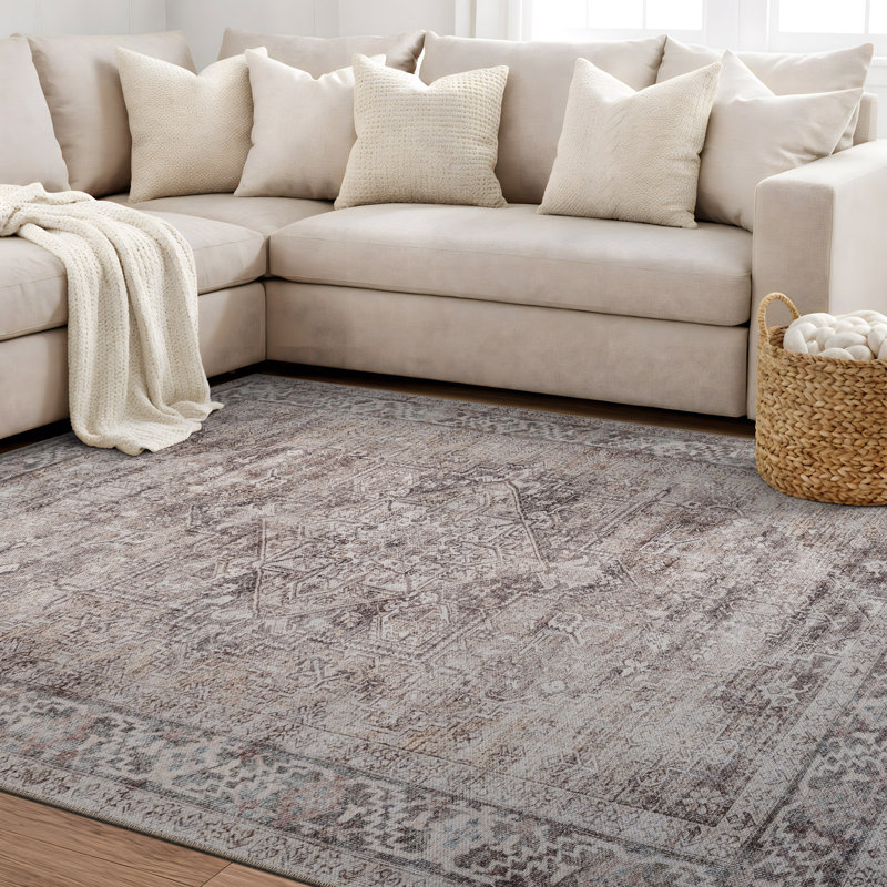 Calista Beige Medallion Flatweave Rug – Washable With Non-Slip Backing, Rectangle 5' x 7', Beige