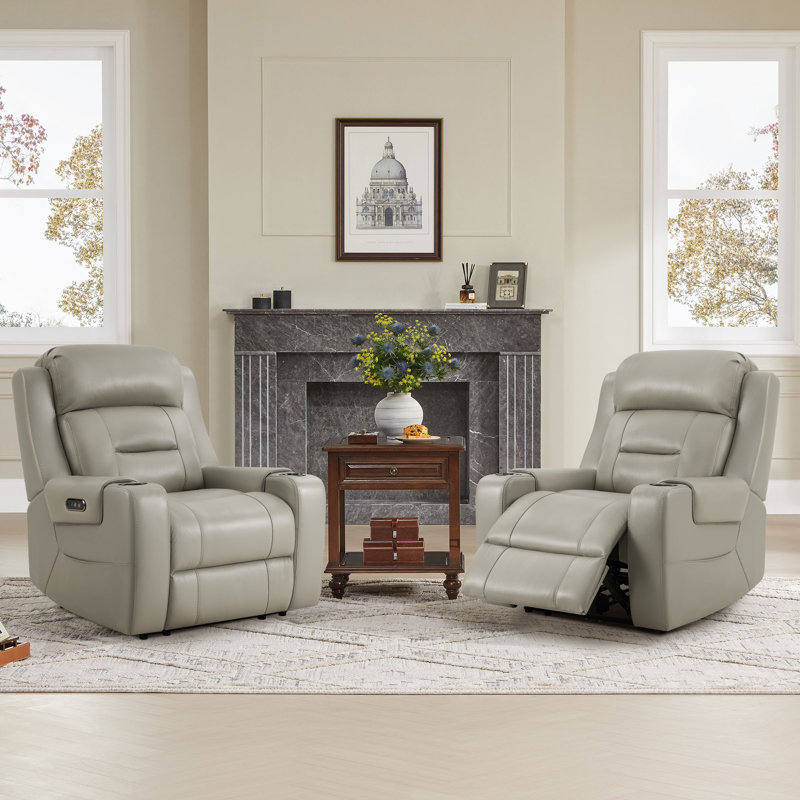 Fauteuil inclinable électrique double en cuir véritable avec repose-tête électrique Olathe, Gris clair