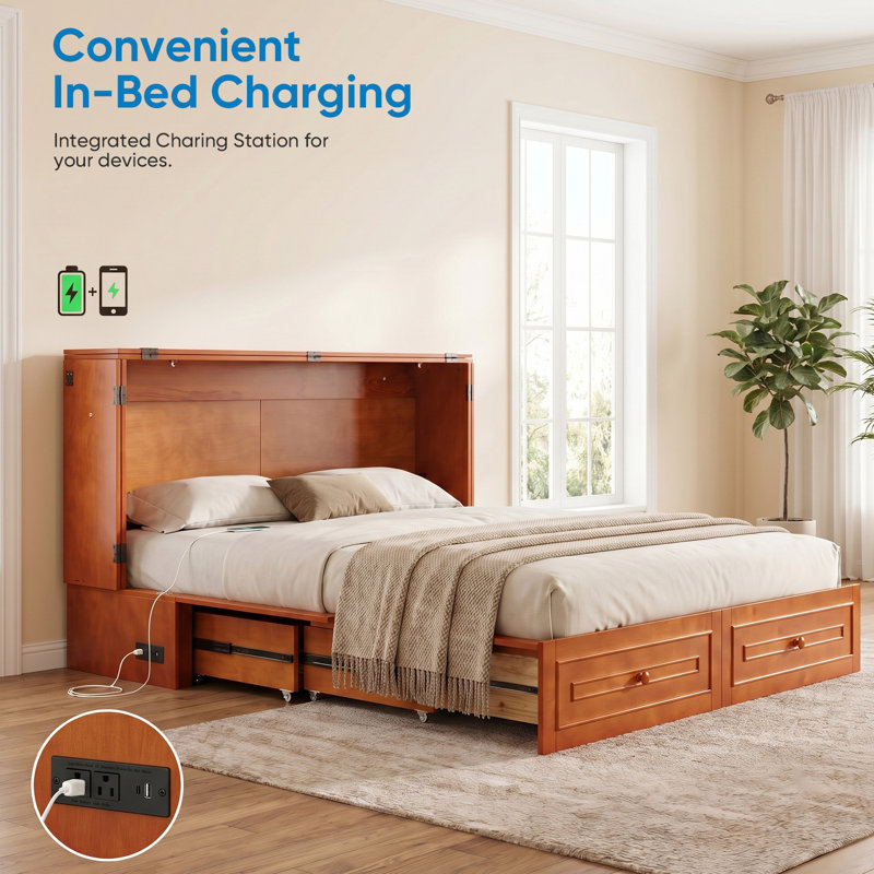 Queen Murphy Bed Cabinet With USB Charging Station & Privacy Drawer For Guest Room, Cherry