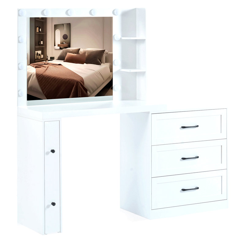 Meuble-lavabo de 55,2 po avec armoire latérale réglable, coiffeuse de maquillage avec lumières Hollywood, 5 tiroirs de rangement et 2 tablettes, coiffeuse moderne, blanc