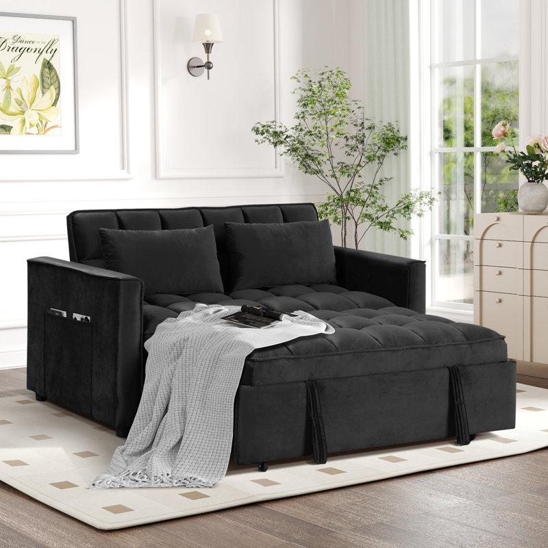 55.2'' Wide Modern Convertible Upholstered Tufted Sofa Bed With Two Accent Pillows, Black